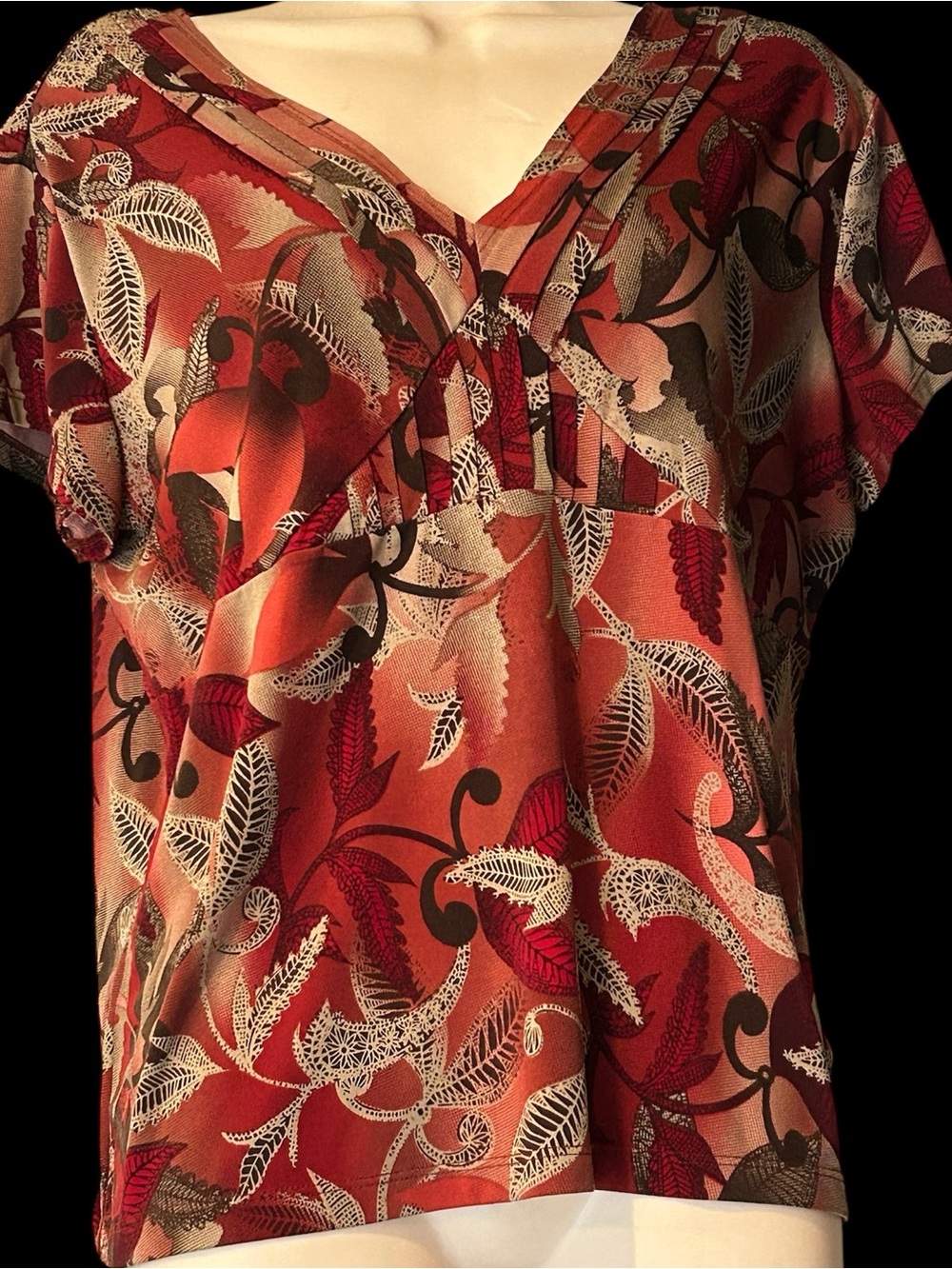 Worthington Rust Floral V-Neck Short Sleeve Blouse